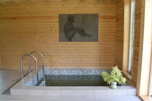 a jacuzzi tub with a painting on the wall at Kalna Smīžu pirtiņa in Melturi