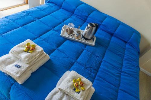 a blue bed with towels and a tray of food at Gente del Sur - Odino in Ushuaia