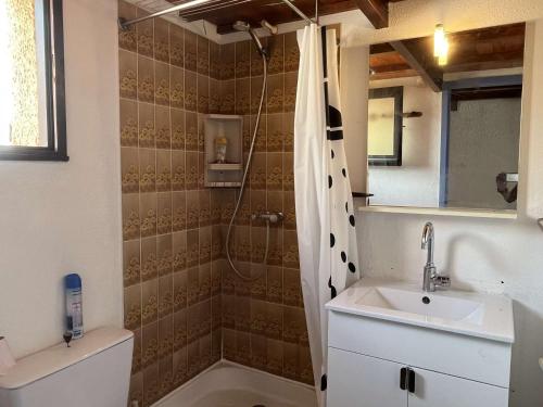 une salle de bain avec douche et lavabo dans l'établissement Appart Studio mezz 3 couchages PORT LEUCATE NATURISME PL010-731, à Port-Leucate