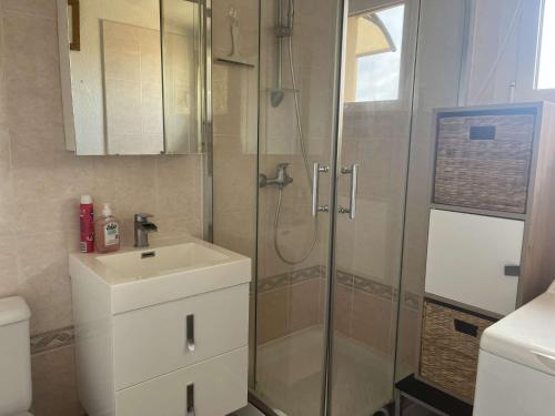 une salle de bain avec douche et lavabo dans l'établissement Appart 3 pièces 2 couchages PORT LEUCATE NATURISME PL010-071, à Leucate