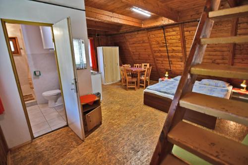 a bedroom with a bunk bed and a bathroom at Chatová Osada Zrub in Vinné