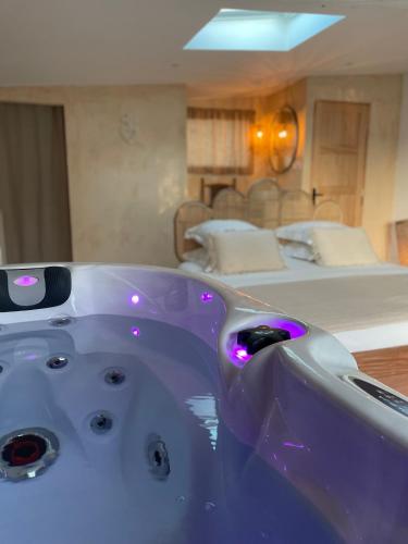 eine lila Badewanne in einem Zimmer mit einem Bett in der Unterkunft Loveness Suite & Spa in Aigues-Mortes