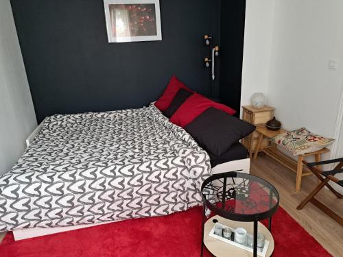 - une petite chambre avec un lit et un tapis rouge dans l'établissement Appartement cosy et lumineux refait à neuf - Sainte-Foy les Lyon, à Sainte-Foy-lès-Lyon