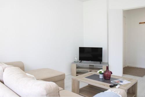 un salon avec un canapé et une télévision dans l'établissement Charming T3 with two balconies in Bagnolet, à Bagnolet