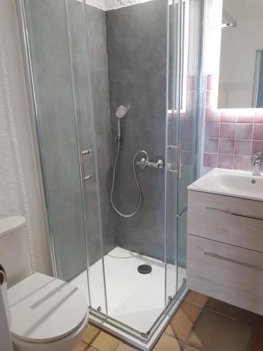 une salle de bain avec une douche avec des toilettes et un lavabo dans l'établissement Vue mer exceptionnelle, à Cavalaire-sur-Mer