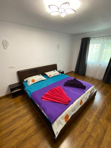 a bedroom with a large bed with red and purple sheets at Eric's Apartament in Băile Herculane