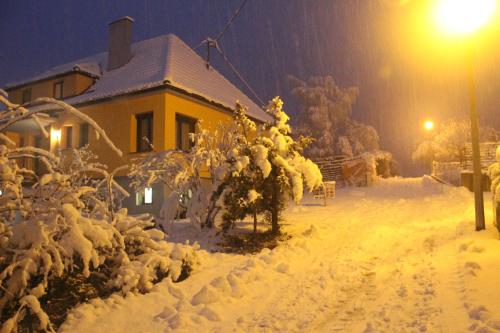 a house covered in snow at night with a street light at le chemin du meunier in Riquewihr