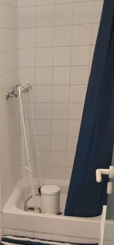 une salle de bain avec des toilettes dans une baignoire avec un rideau de douche bleu dans l'établissement Studio bleu festival 2025, à Avignon