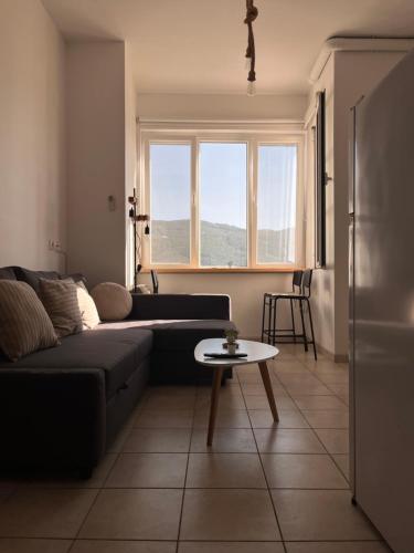 a living room with a couch and a table at Plateia Sea View Apartment in Samos