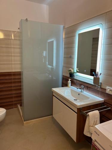 a bathroom with a sink and a mirror and a toilet at Water Lily Apartments in Vlorë