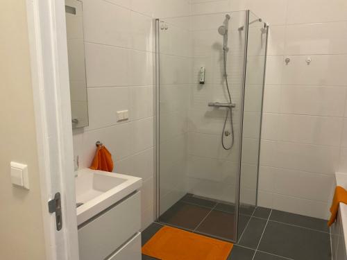 a bathroom with a shower with a glass door at Aristoteles Apartments in Scheveningen
