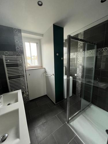 une salle de bain avec douche et lavabo dans l'établissement Gîte de la Découverte Le Randonneur, à Besse-et-Saint-Anastaise