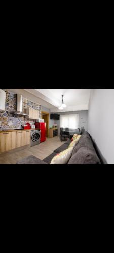 a living room with a couch and a kitchen at Alojamiento el halcon in Santoña