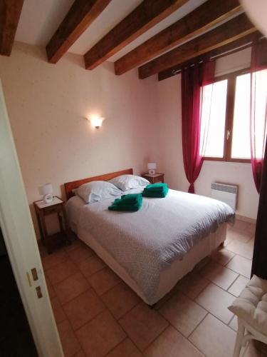 a bedroom with a bed with two green pillows on it at Gîte Monplaisir in Gère-Belesten