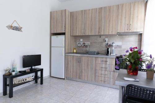 a kitchen with wooden cabinets and a white refrigerator at Sunrise Vergia Apartments in Vergia
