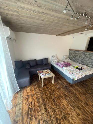 a living room with two beds and a table at Mini domek in Chrudim