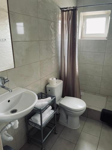 a bathroom with a white toilet and a sink at Apartament Leona in Ostrowo