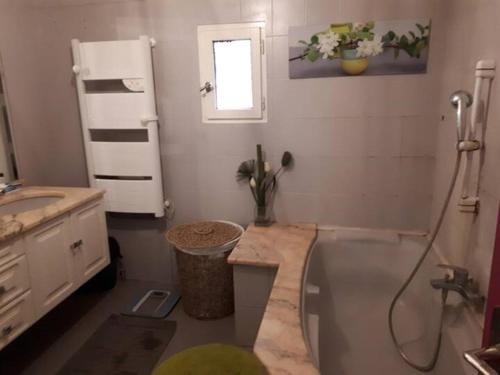 une salle de bain avec une baignoire, un lavabo et une douche dans l'établissement Maison avec piscine au coeur de la Provence, à Roquevaire