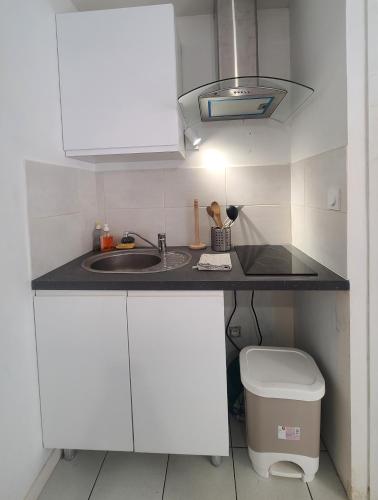 Il comprend une petite cuisine avec un lavabo et des toilettes. dans l'établissement Studio proche Mer et Port de Dieppe, à Dieppe