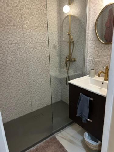 une salle de bain avec douche et lavabo dans l'établissement VUE MER ET A 20m DE LA PLAGE AVEC PARKING MARINDORE BANDOL, à Bandol