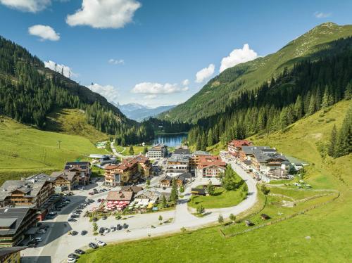 an aerial view of a village in the mountains at FIRSTpeak Chalets in Zauchensee