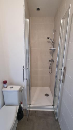 une salle de bain blanche avec douche et toilettes dans l'établissement T2 37m2 proche Ker Lann Parc expo Aéroport, à Lassy