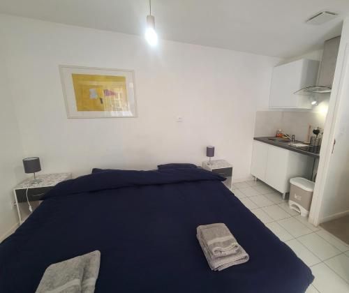 - une chambre avec un lit bleu et une serviette dans l'établissement Studio proche Mer et Port de Dieppe, à Dieppe