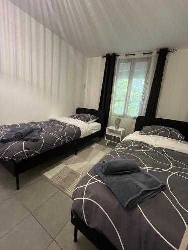 une chambre avec deux lits et une fenêtre dans l'établissement Appartement coeur du village, à Villes-sur-Auzon