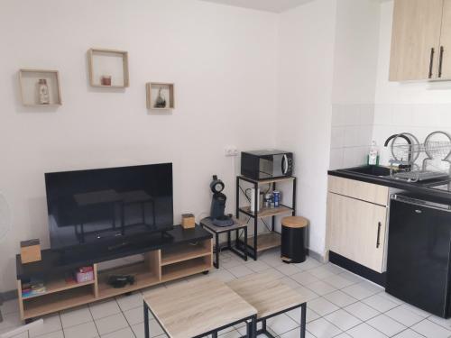 Il comprend un salon avec une télévision et une cuisine. dans l'établissement Studio Cap d'Agde, au Cap d'Agde
