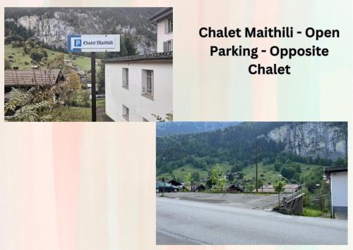 a collage of photos with a street sign and a mountain at Chalet Maithili Lauterbrunnen -152-Year-Old Majestic Chalet in Lauterbrunnen