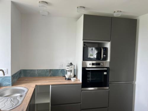 une cuisine avec un comptoir avec un évier et un micro-ondes dans l'établissement Ty Mein, à Lampaul