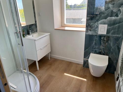une salle de bain avec une douche, des toilettes et un lavabo dans l'établissement Ty Mein, à Lampaul