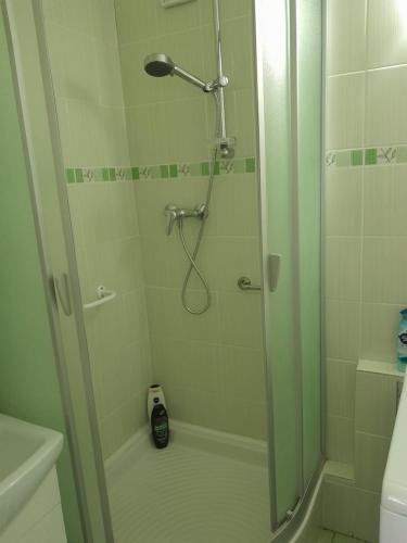 eine Dusche mit Glastür im Bad in der Unterkunft Apartment in the heart of Myjava Town in Myjava