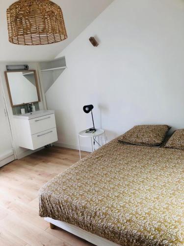 une chambre avec un lit, une commode et un miroir dans l'établissement Appartement Triplex Gare Angers, à Angers