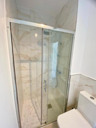 a glass shower in a bathroom with a toilet at Mulata Doré Suite in Corralejo