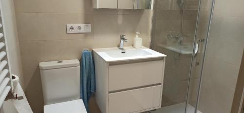 ein Badezimmer mit Waschbecken, Toilette und Dusche in der Unterkunft La Casa de Mendaza UAT01610 in Mendaza