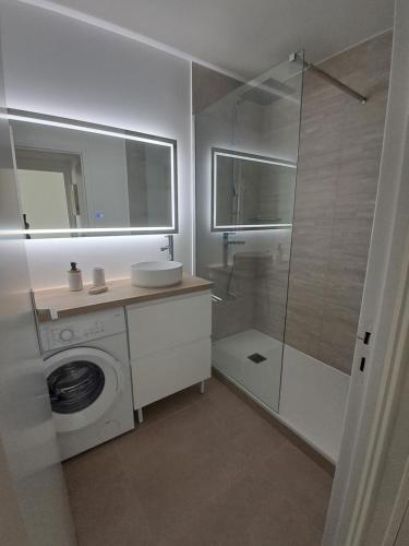 La salle de bains est pourvue d'un lave-linge et d'une douche. dans l'établissement L'Océanide, F2 plage du Bureau, vue mer latérale, à Saint-Palais-sur-Mer
