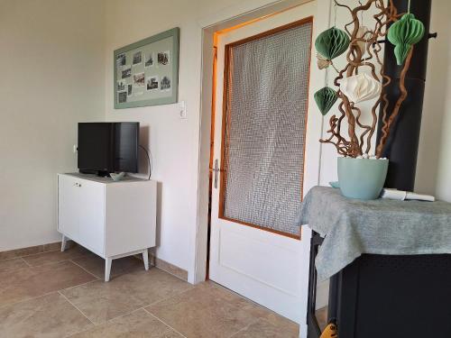 a room with a door with a tv and a window at Appartements Regina in Mörbisch am See