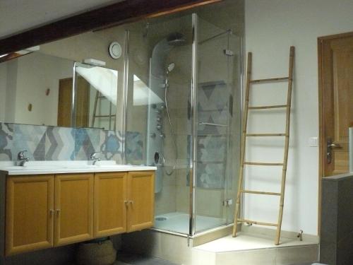 La salle de bains est pourvue d'une douche, d'un lavabo et d'une échelle. dans l'établissement Charmante maison de Valérie, à Frontignan