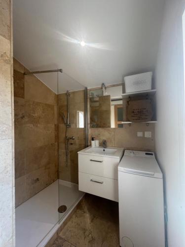 une salle de bain avec une douche, un lavabo et des toilettes dans l'établissement MAGNIFIQUE DUPLEXE calme et climatisé, à 2 pas d'intra muros, à Avignon
