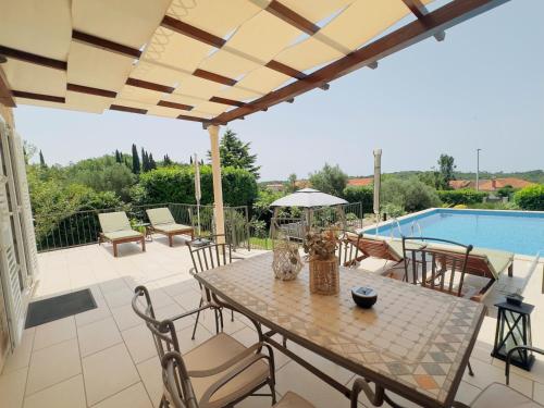 a patio with a table and chairs and a pool at Villa Sun in Čilipi