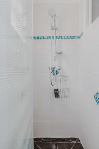 La salle de bains est pourvue d'une douche et d'un mur blanc. dans l'établissement Peaceful apartment - 1BD- 4P - Montmartre, à Paris