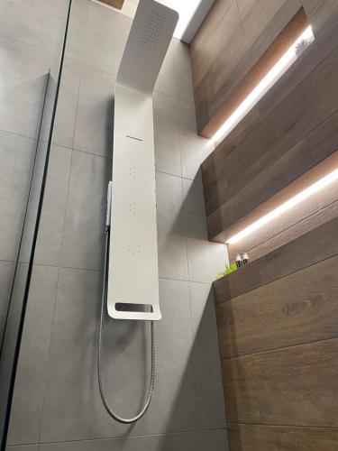 a shower in a bathroom with a white shower head at Golden Key Apartments in Liberec