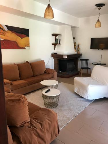 a living room with a couch and a fire place at Olive Casa in Samos
