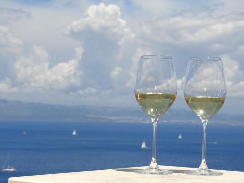 two glasses of white wine sitting on top of a table at Apartments IVO in Stomorska