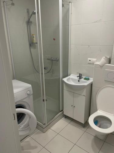 łazienka z prysznicem, toaletą i umywalką w obiekcie Luxusný apartmán s bezplatným parkovaním v objekte a self-checking w mieście Brenner
