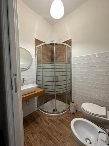 a bathroom with a shower and a sink and a toilet at Mavi Rooms in San Gavino Monreale