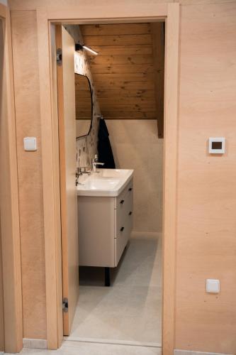 a bathroom with a sink and a mirror at Chata Točník in Bělá pod Pradědem