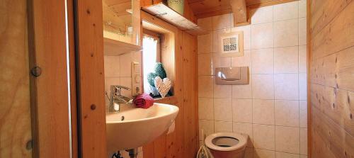 a bathroom with a sink and a toilet at Ferienhaus Reith-Häusl in Maria Alm am Steinernen Meer