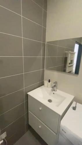 une salle de bain avec un lavabo blanc et un miroir dans l'établissement Cosy City Center Suite, à Saint-Étienne